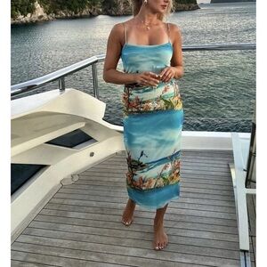 ZARA BLUE MULTICOLOURED PRINTED MIDI TULLE DRESS SIZE LARGE